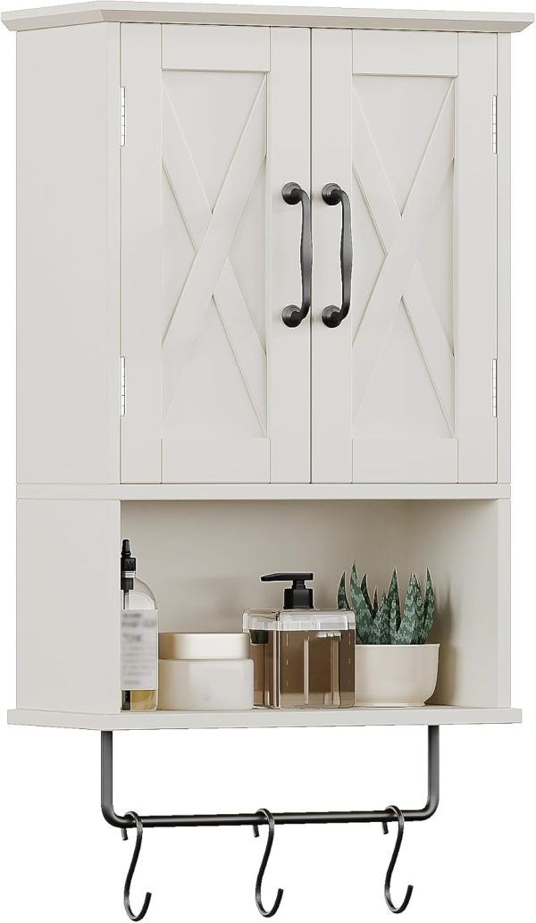 ChooChoo Small Medicine Cabinet with Towel Bar, Hanging Storage, 3 Hooks | Farmhouse Bathroom Wall Cabinet, Over The Toilet Storage Cabinet, Adjustable Shelf, 7 x 15 x 22 Inches, White