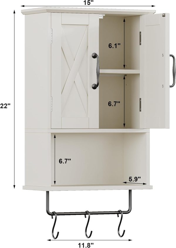 ChooChoo Small Medicine Cabinet with Towel Bar, Hanging Storage, 3 Hooks | Farmhouse Bathroom Wall Cabinet, Over The Toilet Storage Cabinet, Adjustable Shelf, 7 x 15 x 22 Inches, White