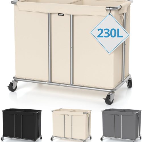 Hodonas Rolling Laundry Hamper 2-Section, Beige, 31.5"Lx15.75W"x30.7"H | 230L(61Gal) Storage Capacity, with Metal Structure, Removable Liner, and Silent Casters, Sturdy Clothes Hamper for Home