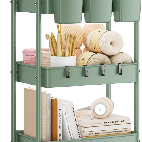 YASONIC 3-Tier Rolling Cart, Green, 66 Pounds Capacity, Mesh Storage Organizer with Lockable Wheels, 3 Hanging Cups, 4 Hooks, Easy Assembly, for Kitchen, Bathroom, Laundry, Grocery