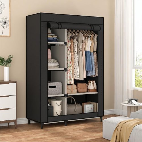 Calmootey Portable Closet Organizer, Space-Saving Storage System for Home | Sturdy Rod for Coats, 6 Shelves for Folded Clothes, 4 Side Pockets for Small Items, Non-Woven Dustproof Cover, Black