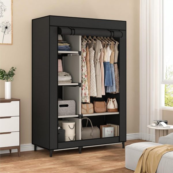Calmootey Portable Closet Organizer, Space-Saving Storage System for Home | Sturdy Rod for Coats, 6 Shelves for Folded Clothes, 4 Side Pockets for Small Items, Non-Woven Dustproof Cover, Black