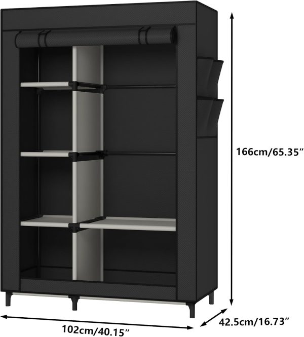 Calmootey Portable Closet Organizer, Space-Saving Storage System for Home | Sturdy Rod for Coats, 6 Shelves for Folded Clothes, 4 Side Pockets for Small Items, Non-Woven Dustproof Cover, Black