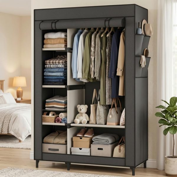 Calmootey Portable Closet Organizer, Space-Saving Storage System for Home | Sturdy Rod for Coats, 6 Shelves for Folded Clothes, 4 Side Pockets for Small Items, Non-Woven Dustproof Cover, Black