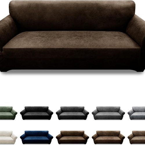 Couch Cover Leather Look 3 Seater Couch Sofa Cover 1-Piece Sofa Slipcover Stretch Furniture Protector with Elastic Bottom & Pockets(Sofa, Coffee)