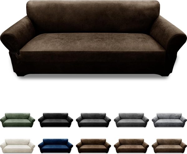 Couch Cover Leather Look 3 Seater Couch Sofa Cover 1-Piece Sofa Slipcover Stretch Furniture Protector with Elastic Bottom & Pockets(Sofa, Coffee)