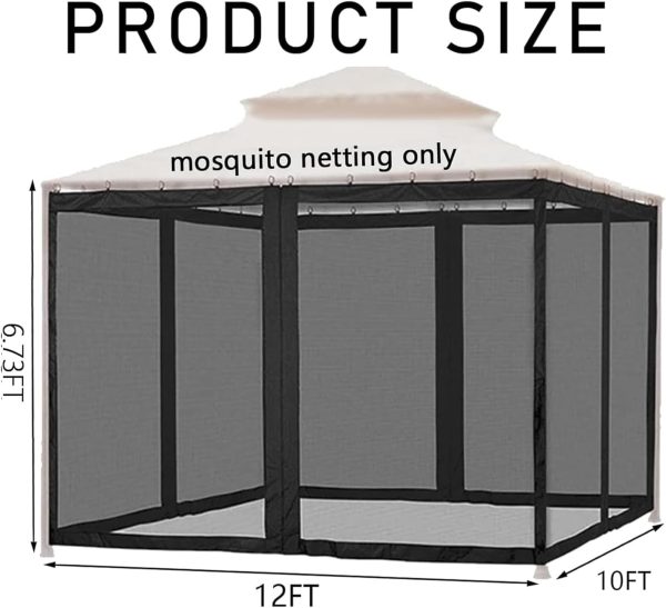 WF4484MAX_2 10' x 12' Gazebo Universal Replacement Mosquito Netting,Black Outdoor Canopy Net Screen 4-Panel Sidewall Curtain, with Zippers,Mosquito Netting(Only)
