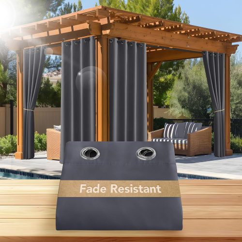 WF4543MAX_1 NICETOWN Fade Resistant Outdoor Curtains for Patio 84 inch Long, Grade 4 Color Fastness Fade-Proof Waterproof Outside Curtains, Thermal UV Protection Sun Shades for Porch, W52 x L84, 2 Panels, Grey