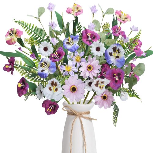 6 Bundles Artificial Wildflower Flowers 19.6 Inch Silk Flowers for Home Decor Indoor Fake Pansies Faux Spring Flowers Faux Wild Flowers Floral Arrangements for Home Table Vase Wedding Party Decor