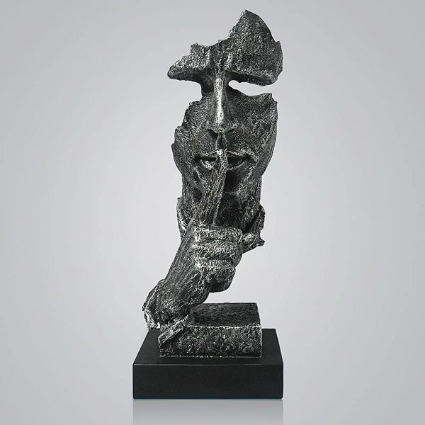 WF4863MAX_1 fazhongfa Thinker Statue - Silence is Gold Modern Decor Creative Abstract Art Figurine Resin Sculptures Decoration Room Home Study Office Figurines for Desktop Shelf Table Ornament (Silver)