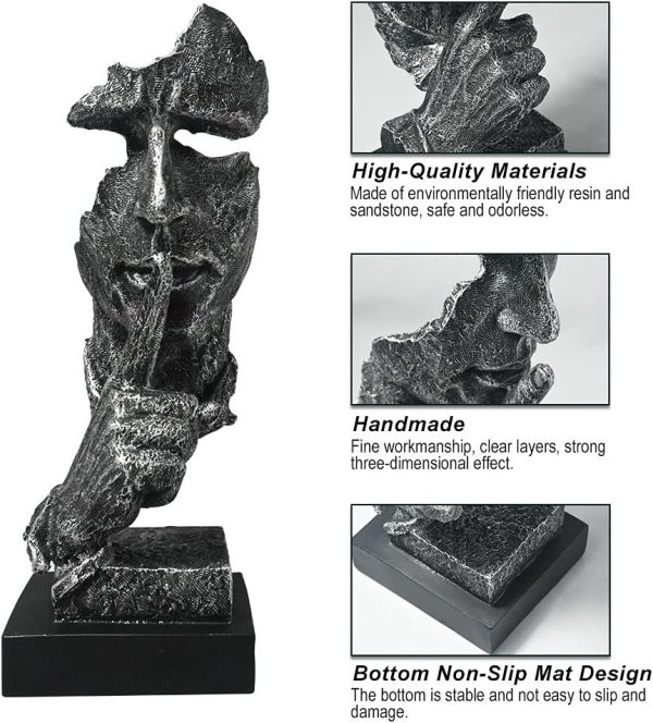 WF4863MAX_4 fazhongfa Thinker Statue - Silence is Gold Modern Decor Creative Abstract Art Figurine Resin Sculptures Decoration Room Home Study Office Figurines for Desktop Shelf Table Ornament (Silver)