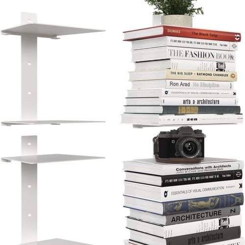 WF5008MAX_1 Wawocs Invisible Bookshelves for Wall, 4 Tier Floating Bookshelf Made of Heavy Duty Metal, Vertical Spine Book Tower Hanging Wall Bookshelf, Floating Book Shelves for Wall, 2 Pack White
