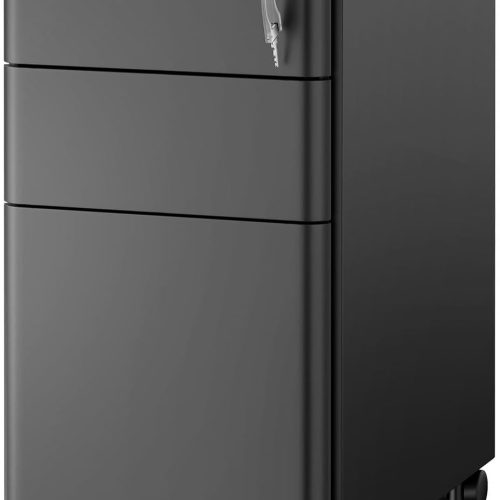Mount-It! Slim 3 Drawer Rolling File Cabinet with Lock, Mobile Metal Filing Cabinet on Wheels for Under Desk Home & Office Storage, Letter Legal A4, Black