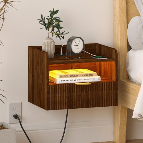 Veegle Floating Nightstand with Charging Station and LED Lights (Walnut Brown)