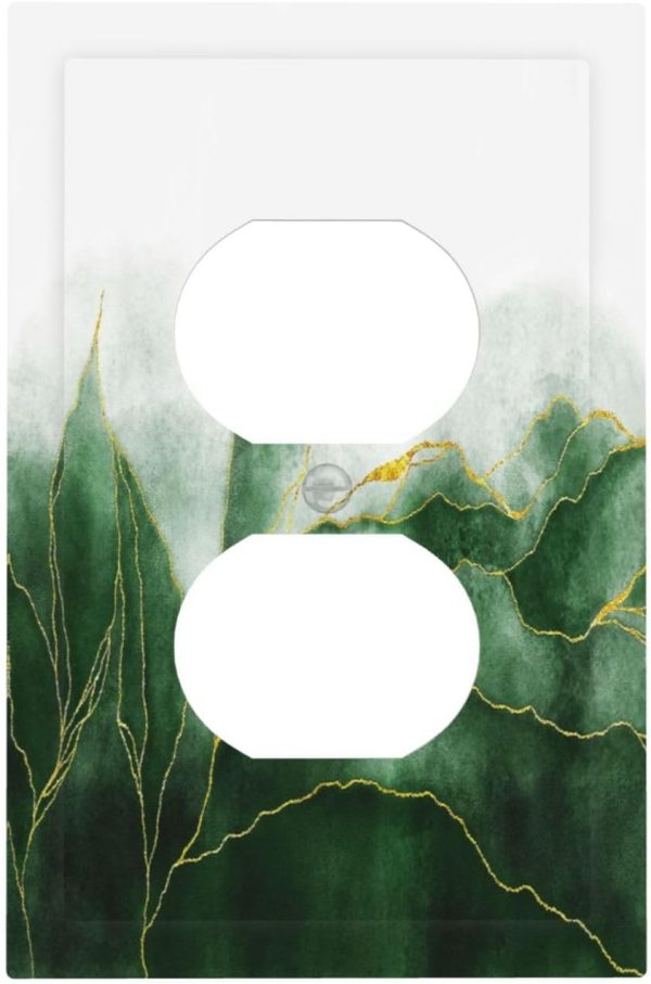 WF5670MAX_1 Boho Green Marble Ombre Gold Plant Lines 1 Gang Duplex Outlet Covers Decorative Single Receptacle Light Switch Cover Plate Modern Art Electrical Wall Plate Covers for Farmhouse Bathroom Decor