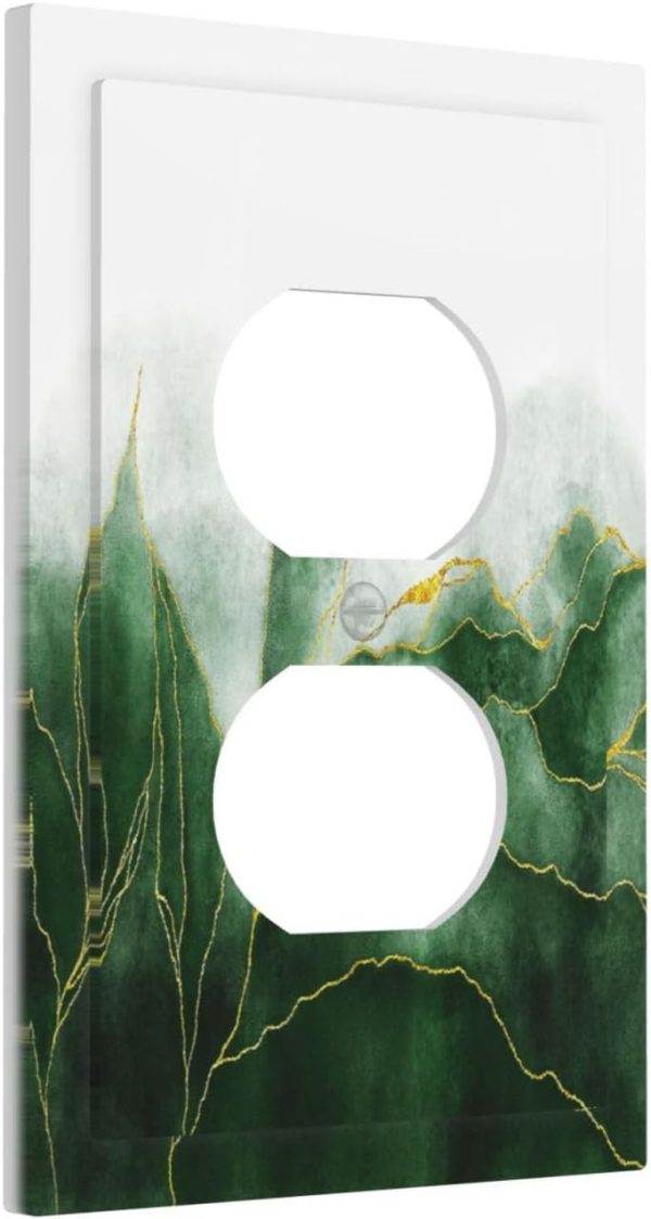 WF5670MAX_2 Boho Green Marble Ombre Gold Plant Lines 1 Gang Duplex Outlet Covers Decorative Single Receptacle Light Switch Cover Plate Modern Art Electrical Wall Plate Covers for Farmhouse Bathroom Decor