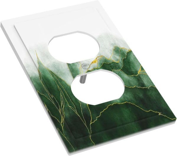 WF5670MAX_3 Boho Green Marble Ombre Gold Plant Lines 1 Gang Duplex Outlet Covers Decorative Single Receptacle Light Switch Cover Plate Modern Art Electrical Wall Plate Covers for Farmhouse Bathroom Decor