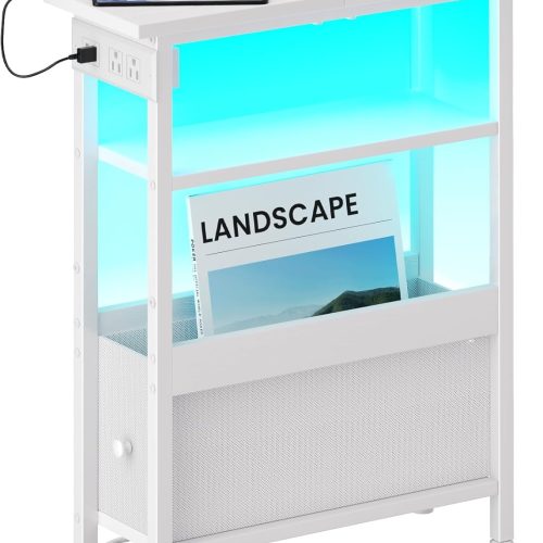 WF5717MAX_1 Creso hom Narrow Bedside Table with Charging Station and LED Light, Skinny Nightstand with USB Ports & Type-C, End Table with 1 Fabric Drawer, Slim Side Table for Bedroom, Nursery, Living Room, White