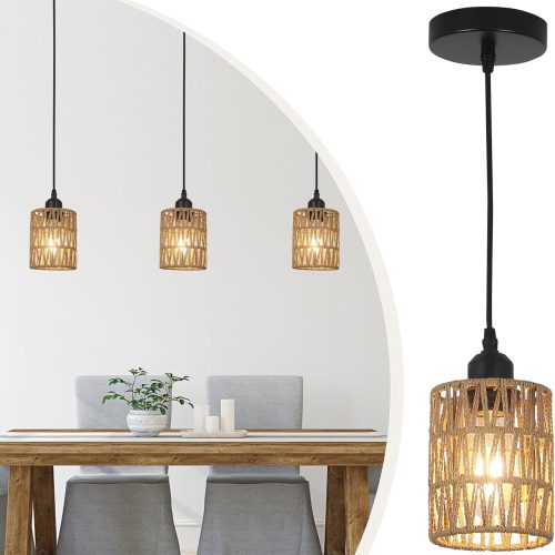 LAMSU 3 Pack Rattan Pendant Lights Kitchen Island, Farmhouse Pendant Lighting with Hand Woven Wicker Shade, Boho Chandelier Light Fixtures Ceiling Hanging for Dining Room Bedroom Foyer Hallway