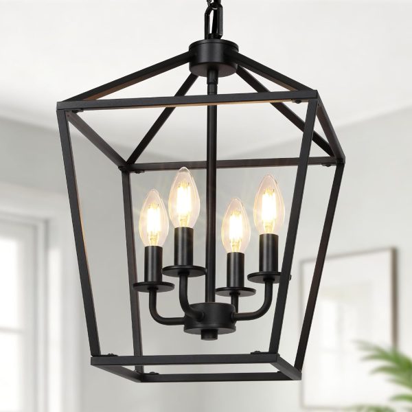 WF5952MAX_1 4 Light Chandelier, Industrial Ceiling Light Black Lantern Light Fixtures with Farmhouse Metal Cage Adjustable Height Rustic Geometric Hanging Light E12 Base for Kitchen Island, Entryway, Indoor