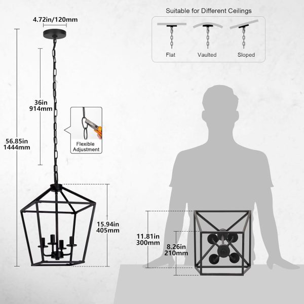 WF5952MAX_2 4 Light Chandelier, Industrial Ceiling Light Black Lantern Light Fixtures with Farmhouse Metal Cage Adjustable Height Rustic Geometric Hanging Light E12 Base for Kitchen Island, Entryway, Indoor