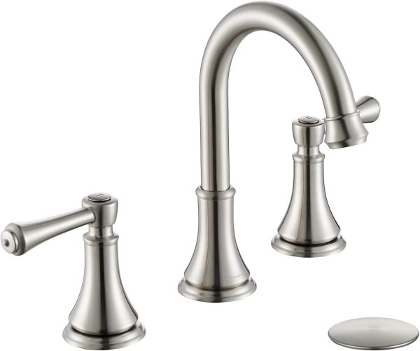 Bathroom Faucet for 3 Hole Brushed Nickel with Pop-Up Drain | 2-Handle Modern Widespread Bathroom Sink Faucet, Vanity Lavatory Faucet with 360° Swivel Stainless Steel Spout, TAF830Y-BN