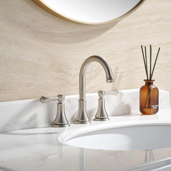 Bathroom Faucet for 3 Hole Brushed Nickel with Pop-Up Drain | 2-Handle Modern Widespread Bathroom Sink Faucet, Vanity Lavatory Faucet with 360° Swivel Stainless Steel Spout, TAF830Y-BN