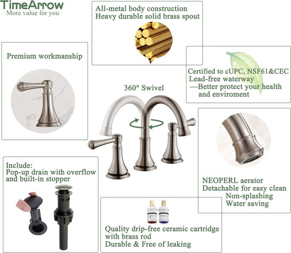 Bathroom Faucet for 3 Hole Brushed Nickel with Pop-Up Drain | 2-Handle Modern Widespread Bathroom Sink Faucet, Vanity Lavatory Faucet with 360° Swivel Stainless Steel Spout, TAF830Y-BN