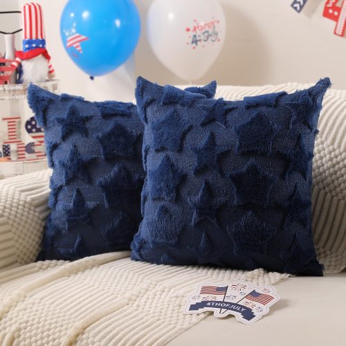 DFXSZ 4th of July Pillow Covers 18x18 inch Set of 2 4th of July Decor Blue Size Stars Decoration Blue Soft Plush Faux Fur Jacquard Throw Pillows Independence Day Decorations for Home Sofa PTK030A18