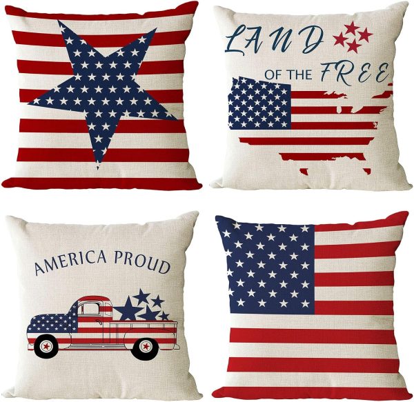 YeeJu Set of 4 Patriotic Throw Pillow Covers 18x18 4th of July Pillow Covers American Flag Fourth of July Memorial Day Independence Day Red White Blue Veteran Pillow Cases for Home Outdoor Decoration