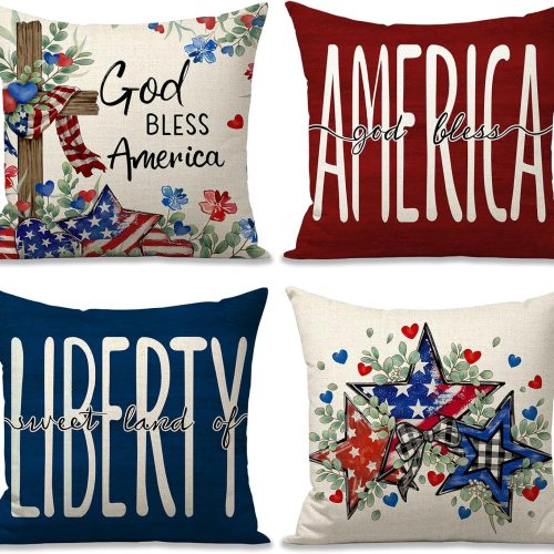 4th of July Independence Day Pillow Covers 18x18 Inch God Bless America Stars Eucalyptus Flowers Cross USA Flag Patriotic Memorial Day Throw Pillow Cases for Sofa Couch Decorations Set of 4