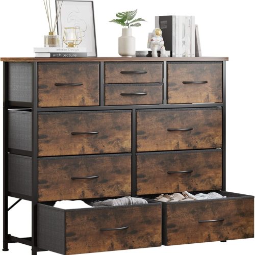 LUMTOK 10 Drawers Dresser with Fabric Bins for Bedroom,Closets，Rustic Brown | Fabric Storage Tower with wooden top,Chest of Drawers with Steel Frame for Clothing storage，for Living Room,Hallway, Closet