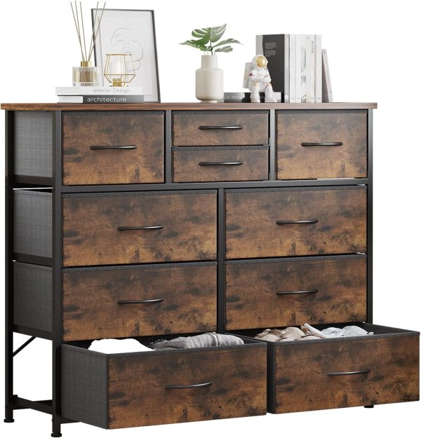 LUMTOK 10 Drawers Dresser with Fabric Bins for Bedroom,Closets，Rustic Brown | Fabric Storage Tower with wooden top,Chest of Drawers with Steel Frame for Clothing storage，for Living Room,Hallway, Closet