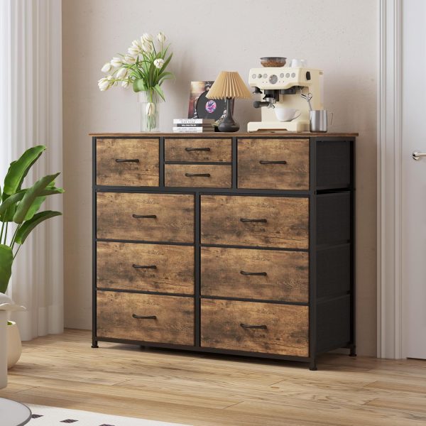 LUMTOK 10 Drawers Dresser with Fabric Bins for Bedroom,Closets，Rustic Brown | Fabric Storage Tower with wooden top,Chest of Drawers with Steel Frame for Clothing storage，for Living Room,Hallway, Closet