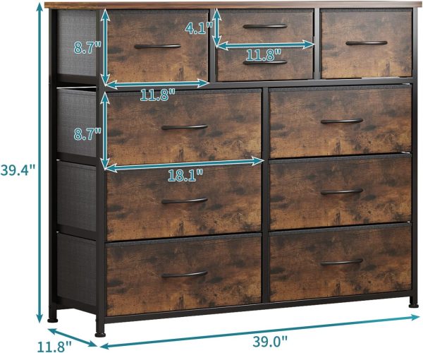 LUMTOK 10 Drawers Dresser with Fabric Bins for Bedroom,Closets，Rustic Brown | Fabric Storage Tower with wooden top,Chest of Drawers with Steel Frame for Clothing storage，for Living Room,Hallway, Closet