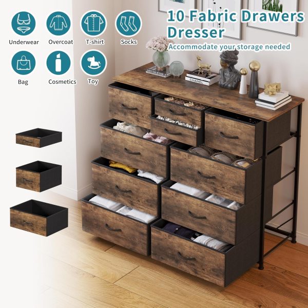 LUMTOK 10 Drawers Dresser with Fabric Bins for Bedroom,Closets，Rustic Brown | Fabric Storage Tower with wooden top,Chest of Drawers with Steel Frame for Clothing storage，for Living Room,Hallway, Closet
