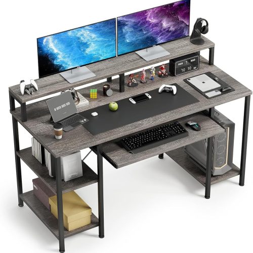VERMESS Computer Desk- 48 Inch Home Office Desk with Keyboard Tray, 47" Gaming Desk with Full Monitor Stand & Storage Shelves & CPU Stand, Modern Study Writing Table with Shelf for Storage, Gray Oak