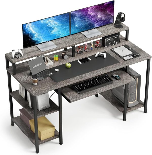 WF7376MAX_1 VERMESS Computer Desk- 48 Inch Home Office Desk with Keyboard Tray, 47" Gaming Desk with Full Monitor Stand & Storage Shelves & CPU Stand, Modern Study Writing Table with Shelf for Storage, Gray Oak