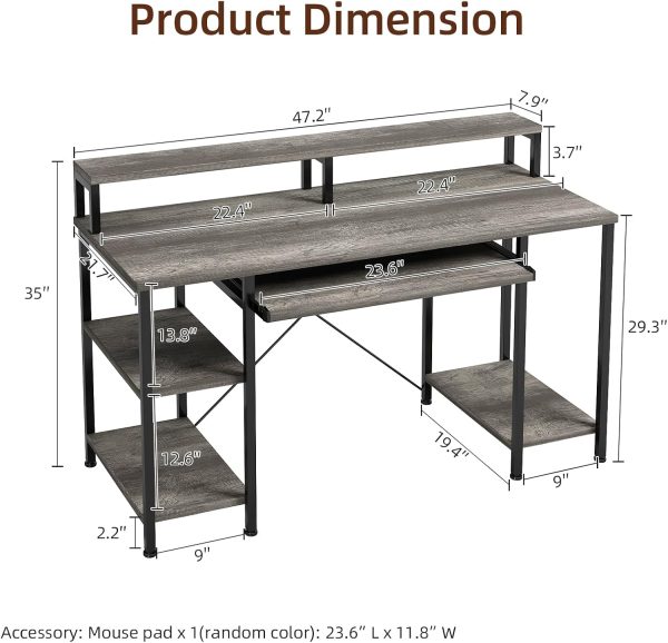 WF7376MAX_3 VERMESS Computer Desk- 48 Inch Home Office Desk with Keyboard Tray, 47" Gaming Desk with Full Monitor Stand & Storage Shelves & CPU Stand, Modern Study Writing Table with Shelf for Storage, Gray Oak