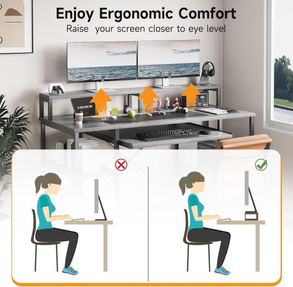 WF7376MAX_4 VERMESS Computer Desk- 48 Inch Home Office Desk with Keyboard Tray, 47" Gaming Desk with Full Monitor Stand & Storage Shelves & CPU Stand, Modern Study Writing Table with Shelf for Storage, Gray Oak