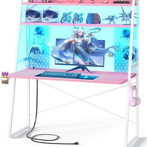 Small Gaming Desk with Hutch and LED Lights, Gaming Computer Desk with Power Outlets, Gamer Desk with Storage Shelves, Game Desks with Pegboards for Bedroom Small Spaces, Pink, 43"
