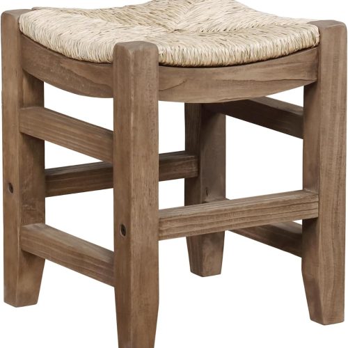 WF7633MAX_1 Alaterre Furniture Newport Bar Stool – 18 Inch Dining Stools with Handwoven Seagrass Rush Seats – Rustic Industrial Farmhouse, Solid Wood, and Backless Accent Stool (Natural)