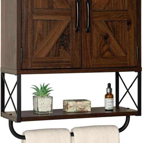 RUSTOWN Farmhouse Medicine Cabinet with 2 Barn Door & Towel Bar Rack | Boho Wood Wall Mounted Storage Cabinet with Adjustable Shelf, 3-Tier Above Toilet Cabinet for Bathroom, Laundry, Living Room