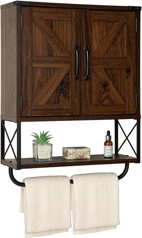 RUSTOWN Farmhouse Medicine Cabinet with 2 Barn Door & Towel Bar Rack | Boho Wood Wall Mounted Storage Cabinet with Adjustable Shelf, 3-Tier Above Toilet Cabinet for Bathroom, Laundry, Living Room