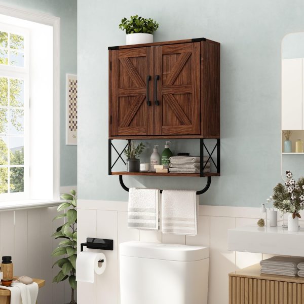 RUSTOWN Farmhouse Medicine Cabinet with 2 Barn Door & Towel Bar Rack | Boho Wood Wall Mounted Storage Cabinet with Adjustable Shelf, 3-Tier Above Toilet Cabinet for Bathroom, Laundry, Living Room