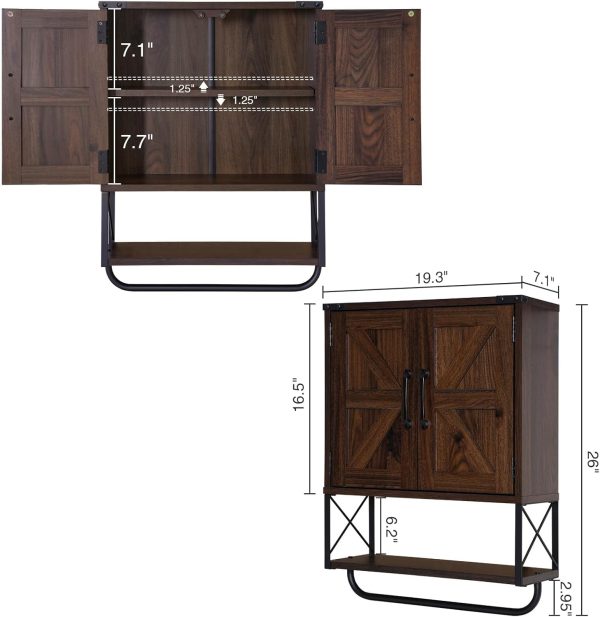 RUSTOWN Farmhouse Medicine Cabinet with 2 Barn Door & Towel Bar Rack | Boho Wood Wall Mounted Storage Cabinet with Adjustable Shelf, 3-Tier Above Toilet Cabinet for Bathroom, Laundry, Living Room