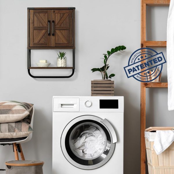 RUSTOWN Farmhouse Medicine Cabinet with 2 Barn Door & Towel Bar Rack | Boho Wood Wall Mounted Storage Cabinet with Adjustable Shelf, 3-Tier Above Toilet Cabinet for Bathroom, Laundry, Living Room