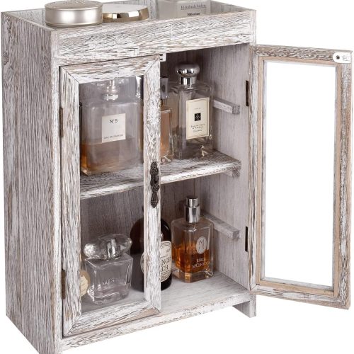 Ikee Design Wooden Countertop Storage Cabinet. Customizable Organizer with Adjustable Shelves, Glass Window Door and Removable Metal Hook. Perfect for Kitchen, Vanity, or Bathroom. Antique White | 3-PIECE SHADOW BOX SET: Antique white wall shelves with doors and 24 compartments for collectibles and mini figures.