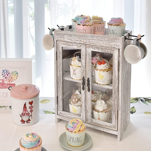 Ikee Design Wooden Countertop Storage Cabinet. Customizable Organizer with Adjustable Shelves, Glass Window Door and Removable Metal Hook. Perfect for Kitchen, Vanity, or Bathroom. Antique White | 3-PIECE SHADOW BOX SET: Antique white wall shelves with doors and 24 compartments for collectibles and mini figures.