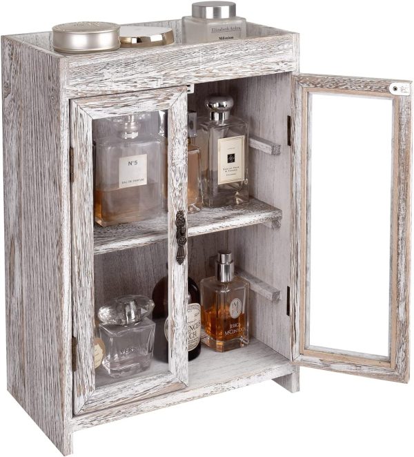 Ikee Design Wooden Countertop Storage Cabinet. Customizable Organizer with Adjustable Shelves, Glass Window Door and Removable Metal Hook. Perfect for Kitchen, Vanity, or Bathroom. Antique White | 3-PIECE SHADOW BOX SET: Antique white wall shelves with doors and 24 compartments for collectibles and mini figures.